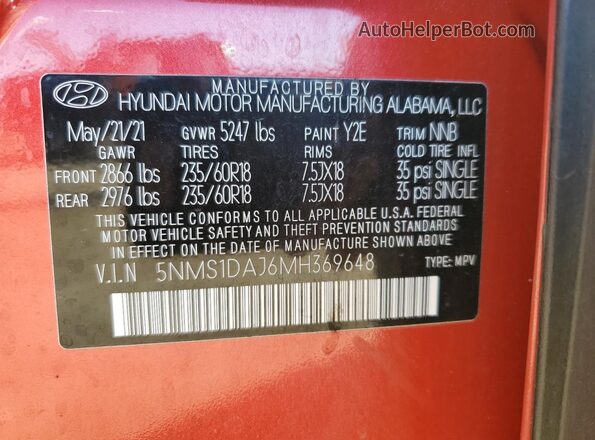 5NMS1DAJ6MH369648 2021 HYUNDAI SANTA Red 