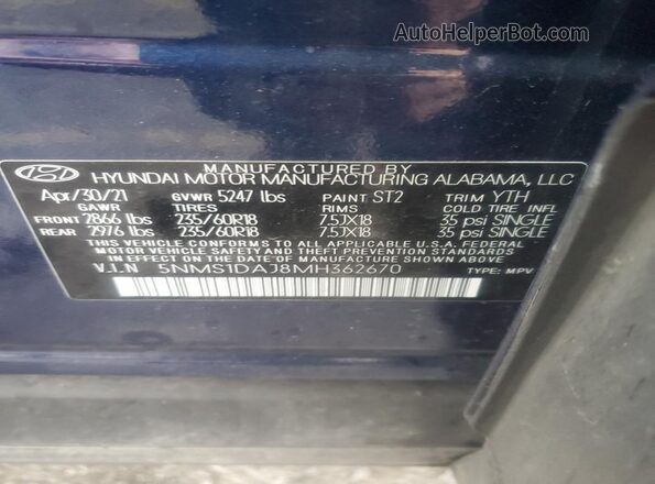 5NMS1DAJ8MH362670 2021 HYUNDAI SANTA Blue Вид підкапотного простору
