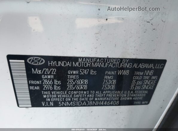 5NMS1DAJ8NH446408 2022 HYUNDAI SANTA FE White Engine compartment view