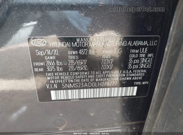 5NMS23AD0LH278777 2020 HYUNDAI SANTA FE Black Vista del compartimento del motor