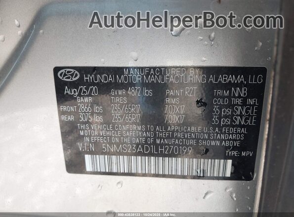 5NMS23AD1LH270199 2020 HYUNDAI SANTA FE Silver Շարժիչի բաժամունքի տեսք