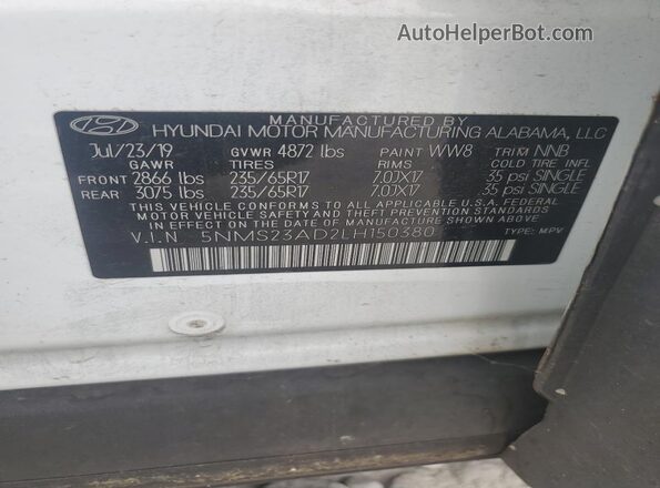 5NMS23AD2LH150380 2020 HYUNDAI SANTA White Вид наклейки з VIN-кодом