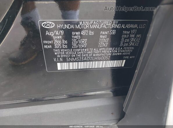 5NMS23AD2LH160052 2020 HYUNDAI SANTA FE Black Engine compartment view