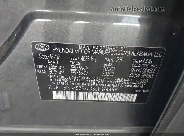 5NMS23AD3LH174459 2020 HYUNDAI SANTA FE Черный Вид подкапотного пространства
