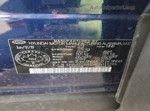 5NMS23AD4LH139705 2020 HYUNDAI SANTA Blue VIN կոդի պիտակի տեսք