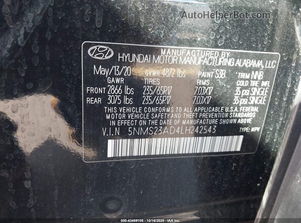 5NMS23AD4LH242543 2020 HYUNDAI SANTA FE Черный Вид подкапотного пространства