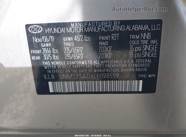 5NMS23AD6LH198559 2020 HYUNDAI SANTA FE Серебряный Вид подкапотного пространства