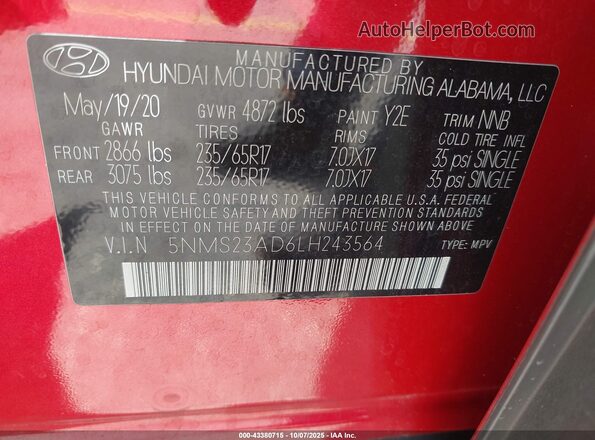 5NMS23AD6LH243564 2020 HYUNDAI SANTA FE Red ძრავის განყოფილების ხედი