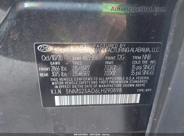 5NMS23AD6LH290898 2020 HYUNDAI SANTA FE Gray Vista del compartimento del motor