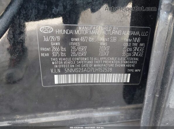5NMS23AD7LH152528 2020 HYUNDAI SANTA FE Black Շարժիչի բաժամունքի տեսք
