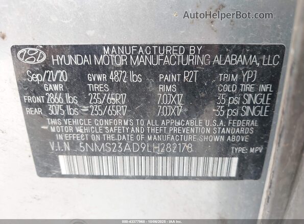 5NMS23AD9LH282178 2020 HYUNDAI SANTA FE Silver Widok komory silnika