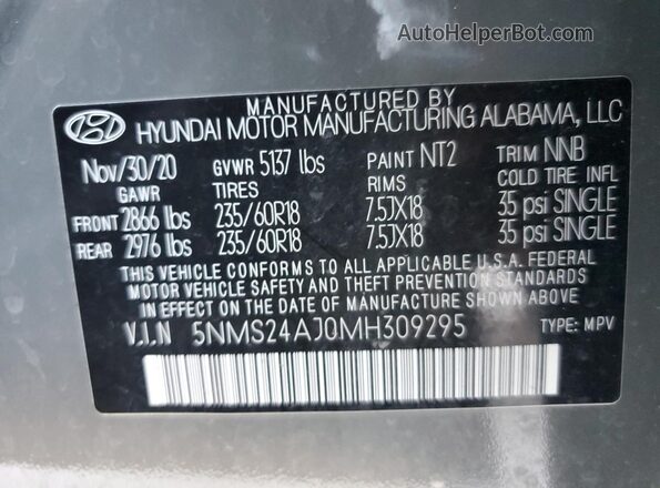 5NMS24AJ0MH309295 2021 HYUNDAI SANTA Gray Widok naklejki z numerem VIN
