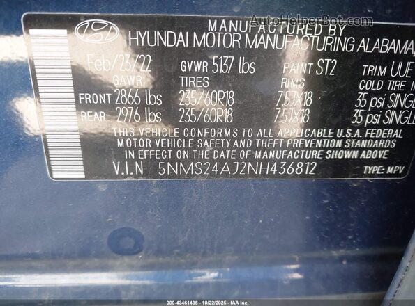 5NMS24AJ2NH436812 2022 HYUNDAI SANTA FE Blue Widok komory silnika