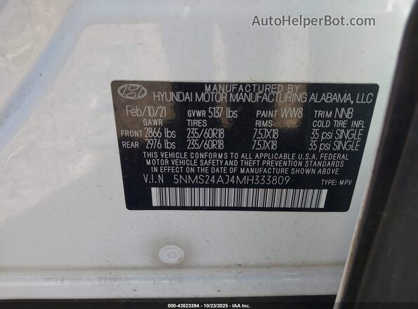 5NMS24AJ4MH333809 2021 HYUNDAI SANTA FE White Вид підкапотного простору