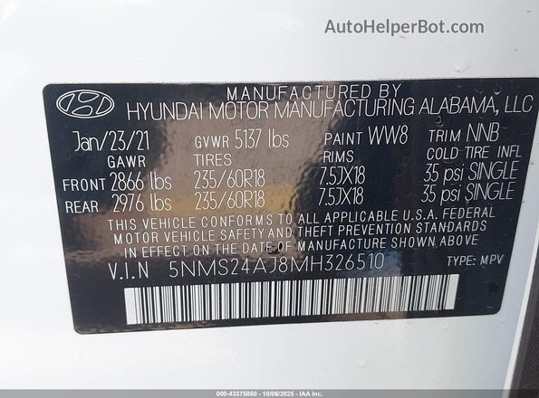 5NMS24AJ8MH326510 2021 HYUNDAI SANTA FE White Vista del compartimento del motor