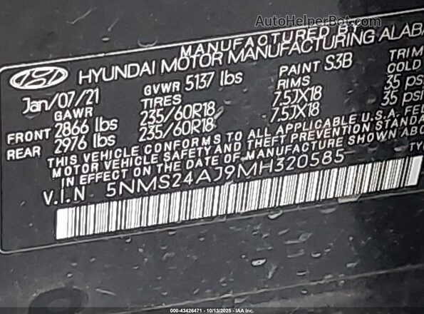 5NMS24AJ9MH320585 2021 HYUNDAI SANTA FE Black Вид підкапотного простору