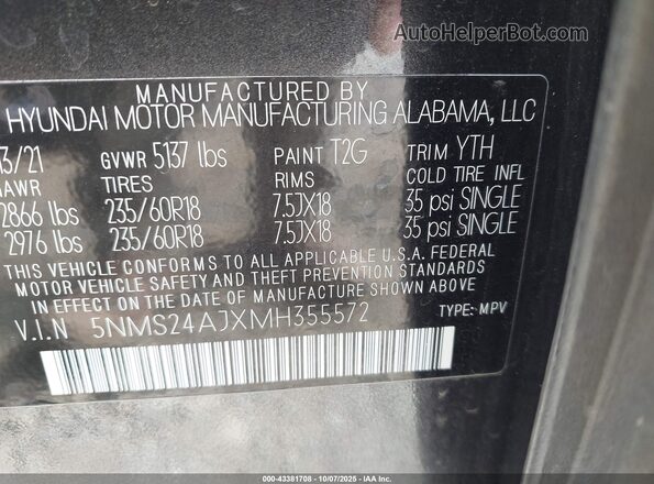 5NMS24AJXMH355572 2021 HYUNDAI SANTA FE Серый Вид подкапотного пространства