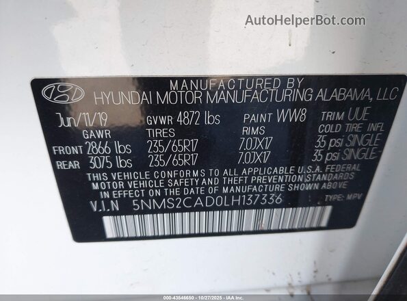 5NMS2CAD0LH137336 2020 HYUNDAI SANTA FE Белый Вид подкапотного пространства