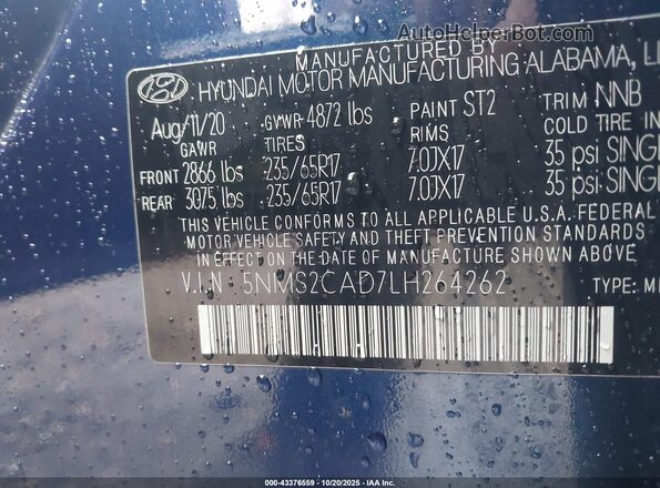 5NMS2CAD7LH264262 2020 HYUNDAI SANTA FE Dark Blue Engine compartment view