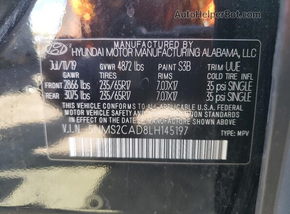 5NMS2CAD8LH145197 2020 HYUNDAI SANTA Black Vista de la etiqueta del VIN