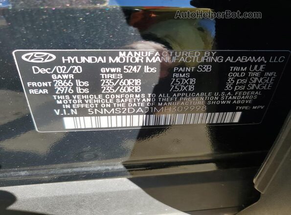 5NMS2DAJ1MH309998 2021 HYUNDAI SANTA Black Вид наклейки з VIN-кодом
