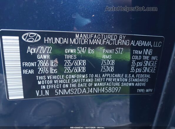 5NMS2DAJ4NH458097 2022 HYUNDAI SANTA FE Blue Engine compartment view