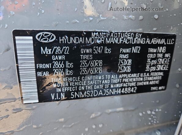 5NMS2DAJ5NH448842 2022 HYUNDAI SANTA Gray Панорамний вид салону 360°