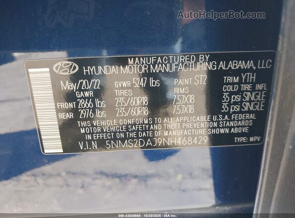 5NMS2DAJ9NH468429 2022 HYUNDAI SANTA FE Blue ძრავის განყოფილების ხედი