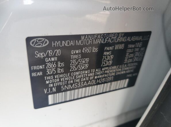 5NMS33AA0LH281391 2020 HYUNDAI SANTA White Vista interior de 360 grados