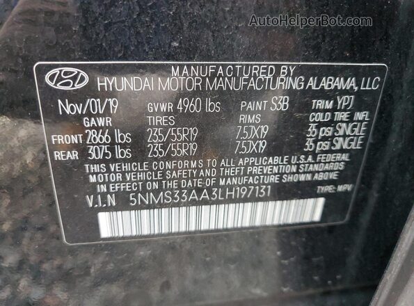 5NMS33AA3LH197131 2020 HYUNDAI SANTA Black Widok naklejki z numerem VIN