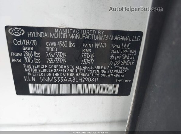5NMS33AA8LH290811 2020 HYUNDAI SANTA FE Белый Вид подкапотного пространства