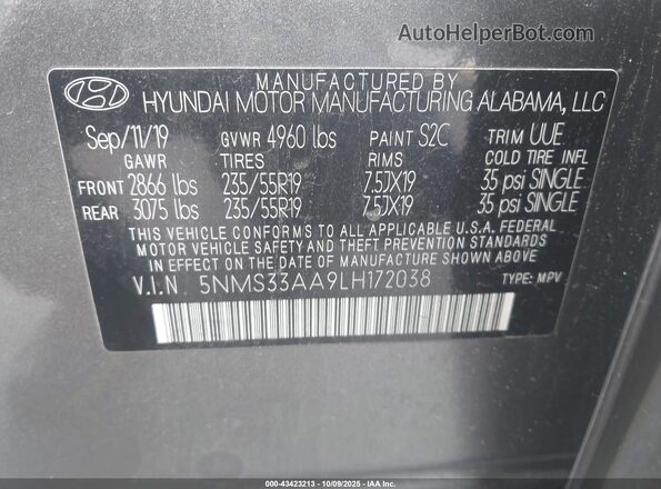 5NMS33AA9LH172038 2020 HYUNDAI SANTA FE Gray Engine compartment view