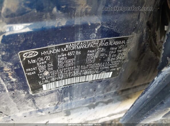 5NMS33AD0LH235070 2020 HYUNDAI SANTA FE Синий Вид подкапотного пространства