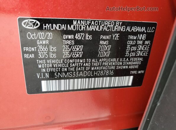 5NMS33AD0LH287816 2020 HYUNDAI SANTA Red VIN կոդի պիտակի տեսք