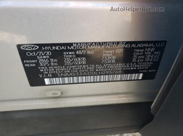 5NMS33AD0LH295768 2020 HYUNDAI SANTA Silver VIN կոդի պիտակի տեսք