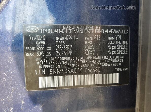 5NMS33AD1KH136580 2019 HYUNDAI SANTA Blue Widok naklejki z numerem VIN
