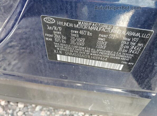 5NMS33AD1LH139464 2020 HYUNDAI SANTA Blue VIN կոդի պիտակի տեսք