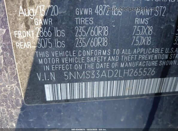 5NMS33AD2LH265526 2020 HYUNDAI SANTA FE Синий Вид подкапотного пространства
