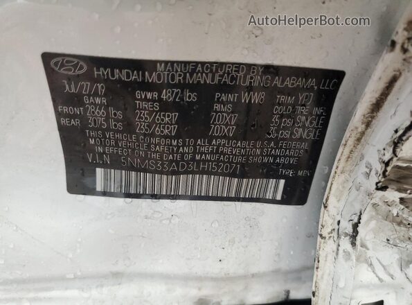 5NMS33AD3LH152071 2020 HYUNDAI SANTA White Widok naklejki z numerem VIN