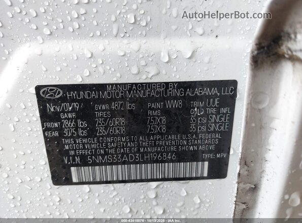 5NMS33AD3LH196846 2020 HYUNDAI SANTA FE White Vista del compartimento del motor