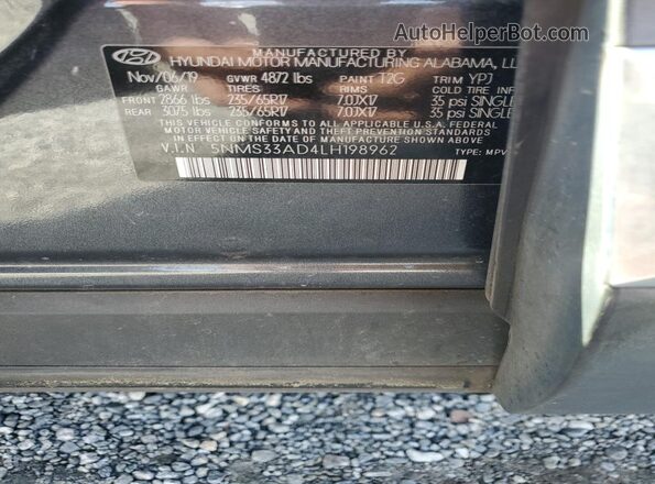 5NMS33AD4LH198962 2020 HYUNDAI SANTA Charcoal Widok komory silnika