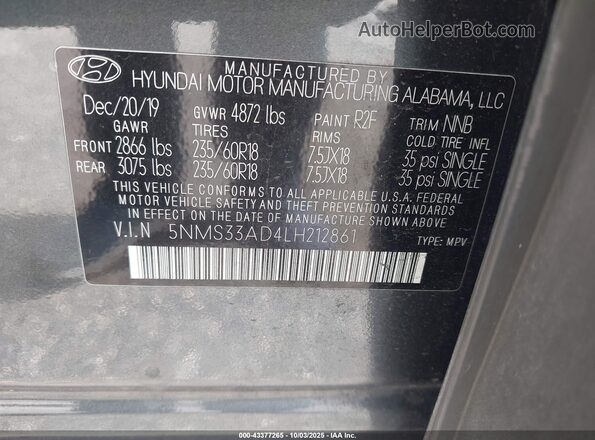 5NMS33AD4LH212861 2020 HYUNDAI SANTA FE Серый Вид подкапотного пространства