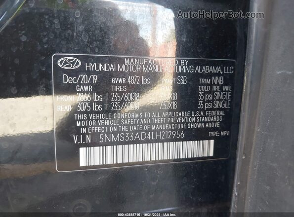 5NMS33AD4LH212956 2020 HYUNDAI SANTA FE Черный Вид подкапотного пространства