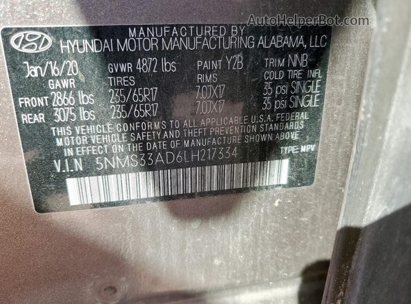 5NMS33AD6LH217334 2020 HYUNDAI SANTA Tan VIN կոդի պիտակի տեսք