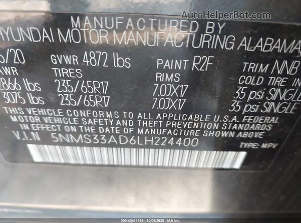 5NMS33AD6LH224400 2020 HYUNDAI SANTA FE Gray Engine compartment view