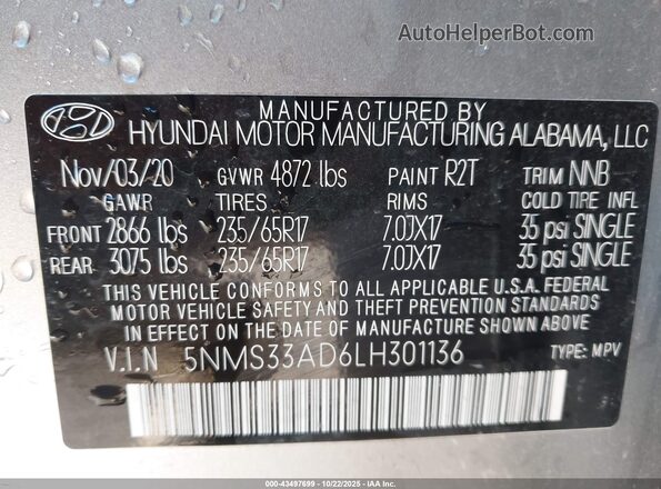 5NMS33AD6LH301136 2020 HYUNDAI SANTA FE Silver Widok komory silnika