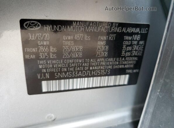5NMS33AD7LH251573 2020 HYUNDAI SANTA Gray Widok naklejki z numerem VIN