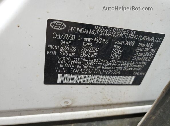 5NMS33AD7LH299266 2020 HYUNDAI SANTA White VIN კოდის სტიკერის ხედი