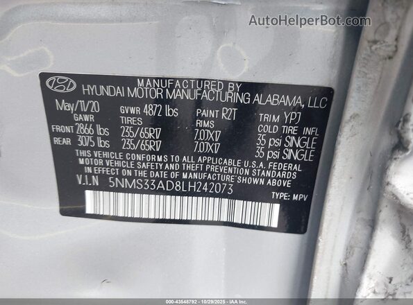 5NMS33AD8LH242073 2020 HYUNDAI SANTA FE Silver Widok komory silnika