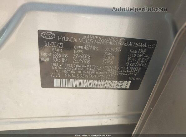 5NMS33AD8LH254272 2020 HYUNDAI SANTA FE Silver Widok komory silnika